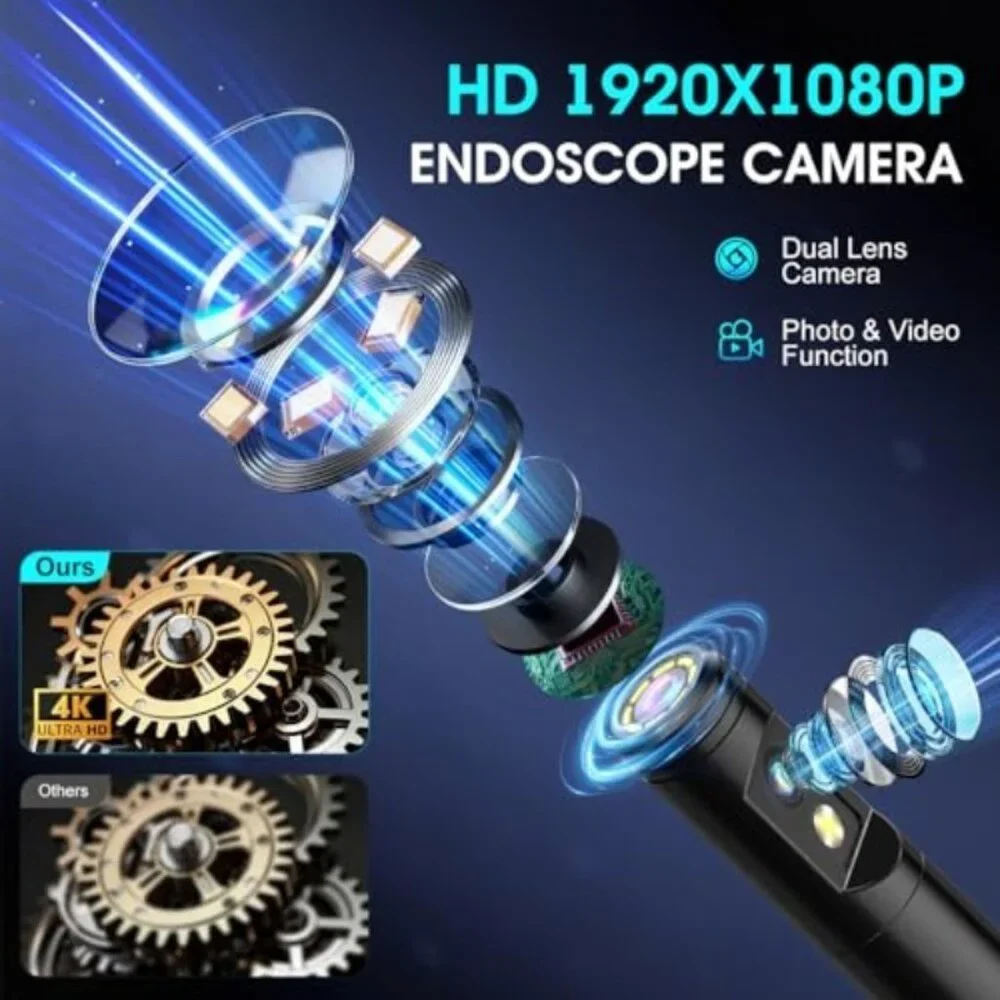 Dual Lens Endoscope Camera with Light, 1920P HD Industrial Borescope with 4.3